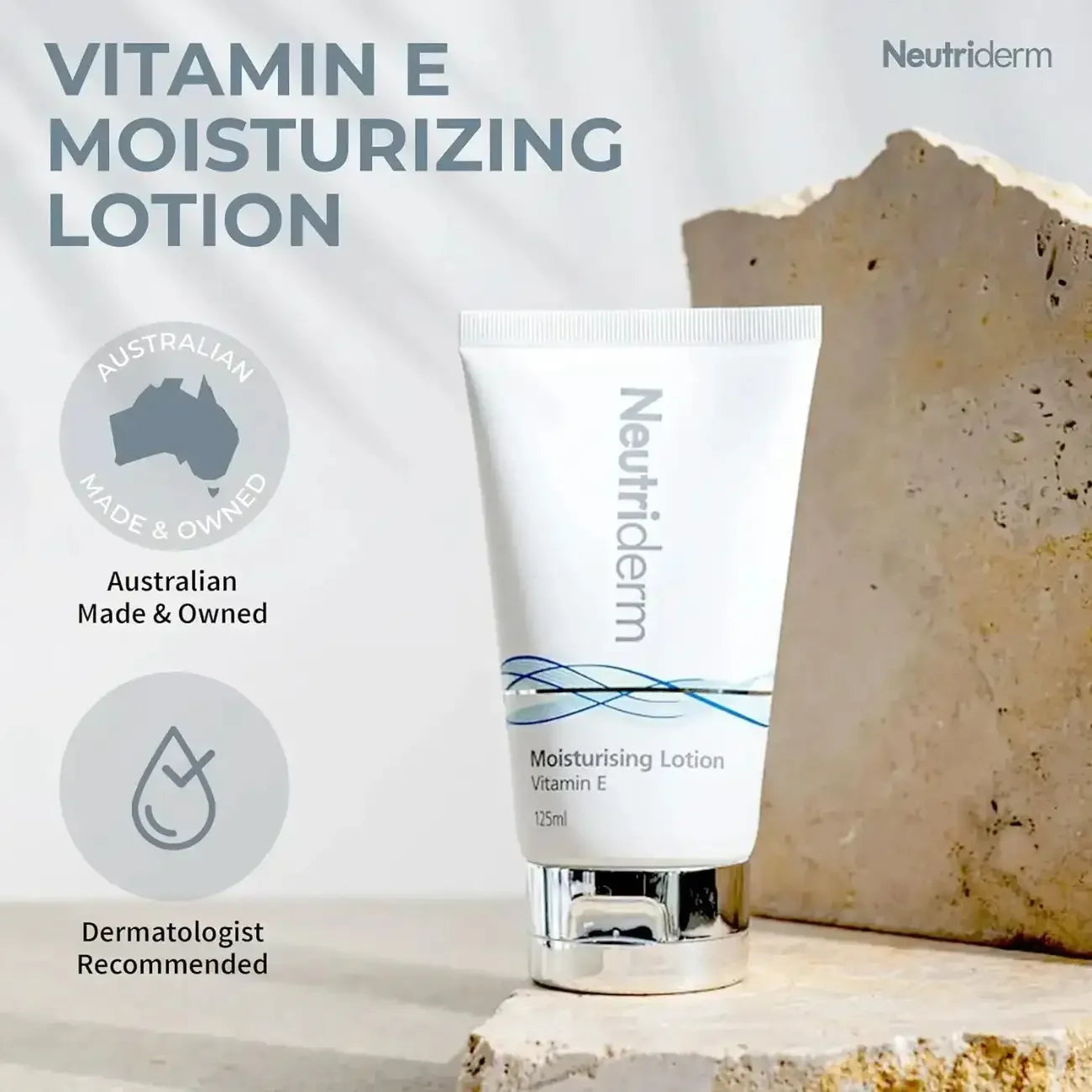 Neutriderm Vitamin E moisturizing lotion with branding and product details on a neutral 