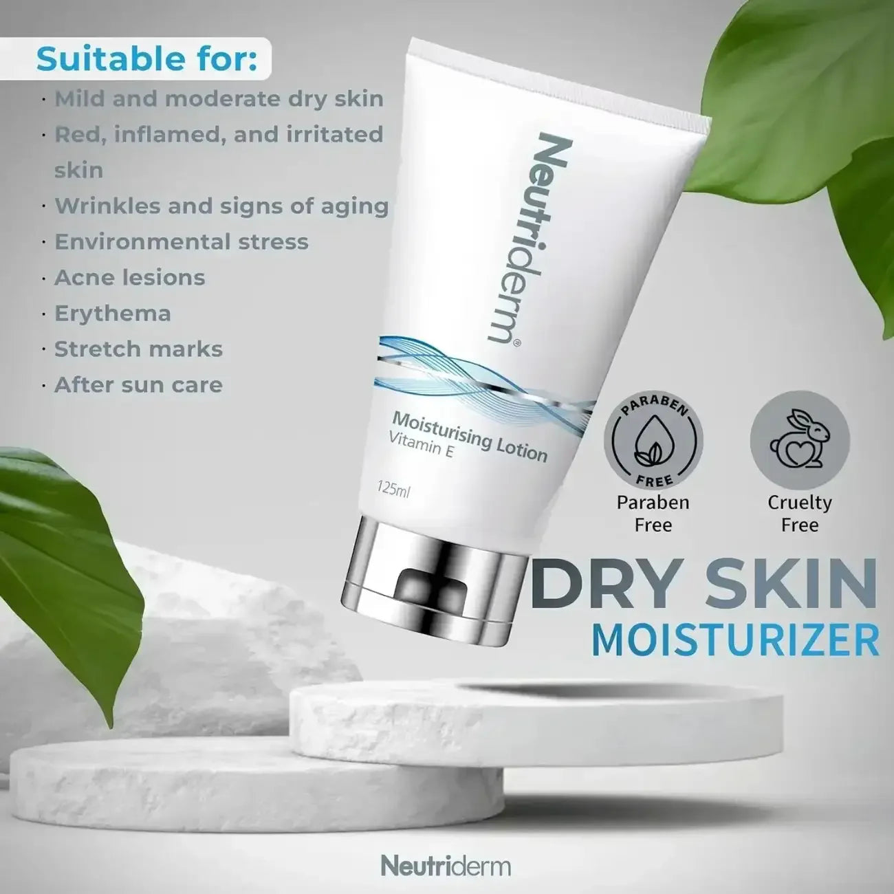 Neutriderm moisturizing lotion with green leaves on a light gray background