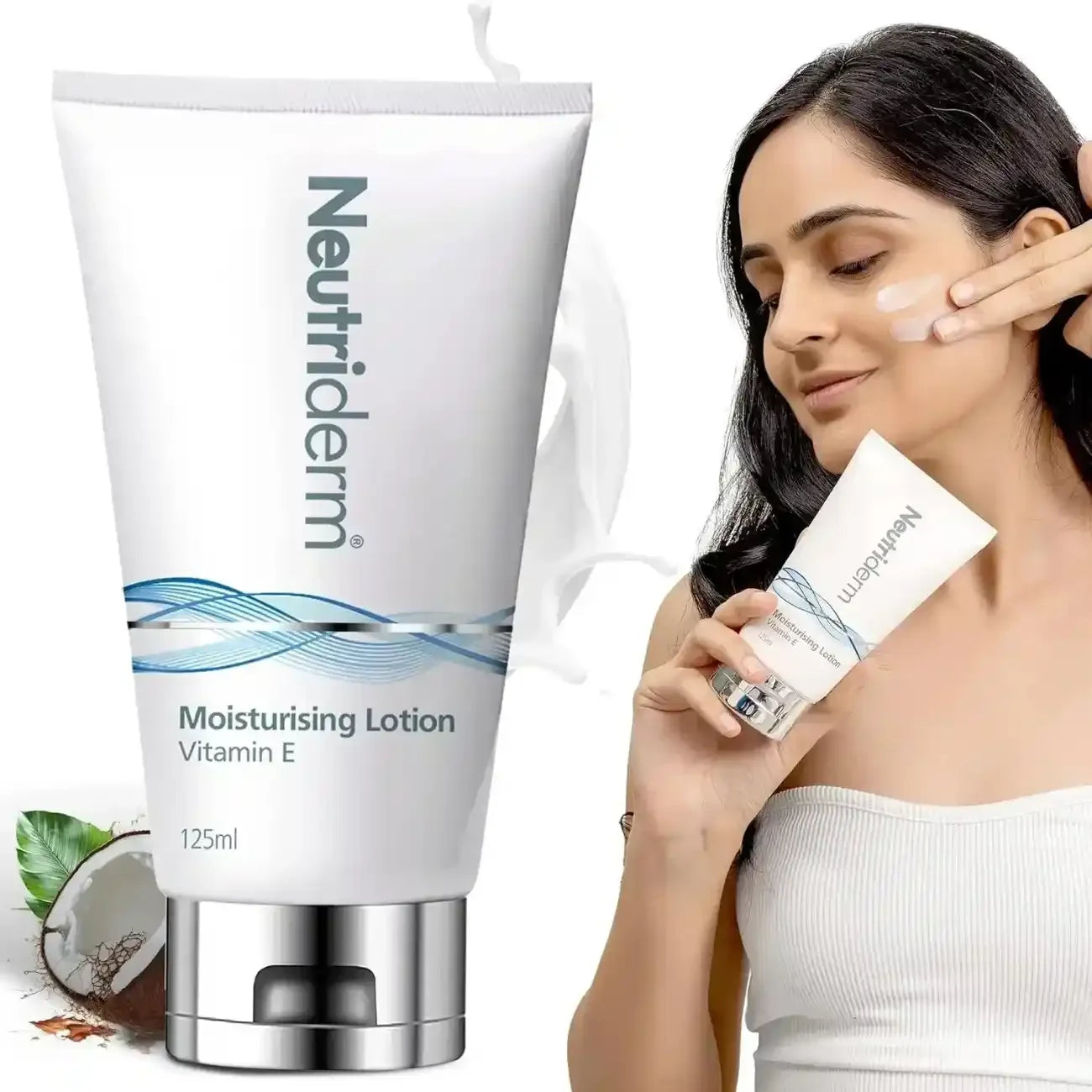 Neutriderm moisturizing lotion with a woman applying it on her face.