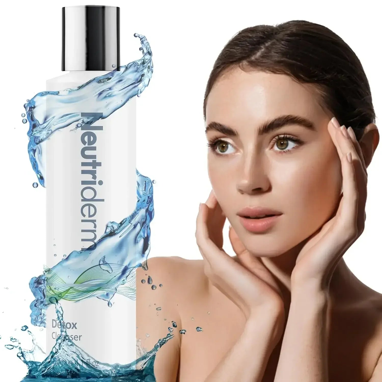 Neutriderm product with a woman touching her face on a white background