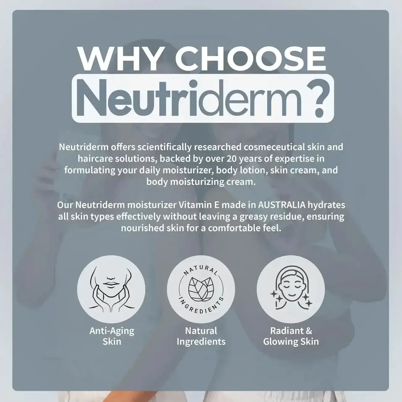 Promotional text about Neutriderm skin and haircare solutions with icons for anti-aging, natural ingredients, and radiant skin.
