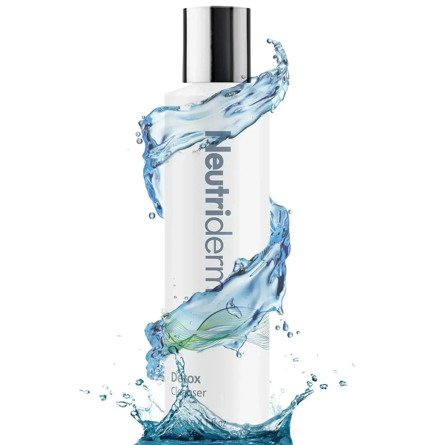 Neutriderm skincare product with water splash on a white background