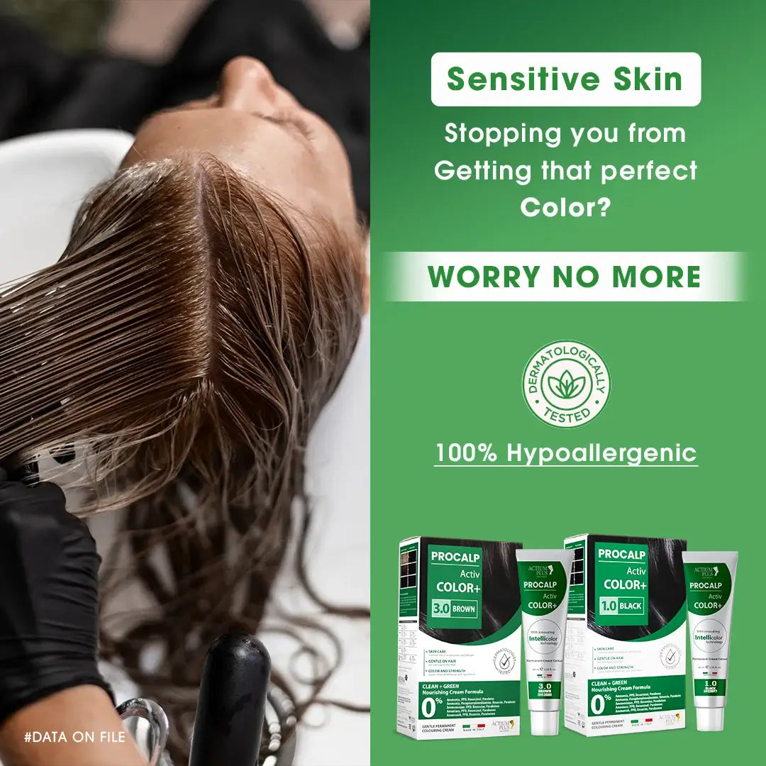 Person getting hair colored with a green Procalp hair color product advertisement on the right.