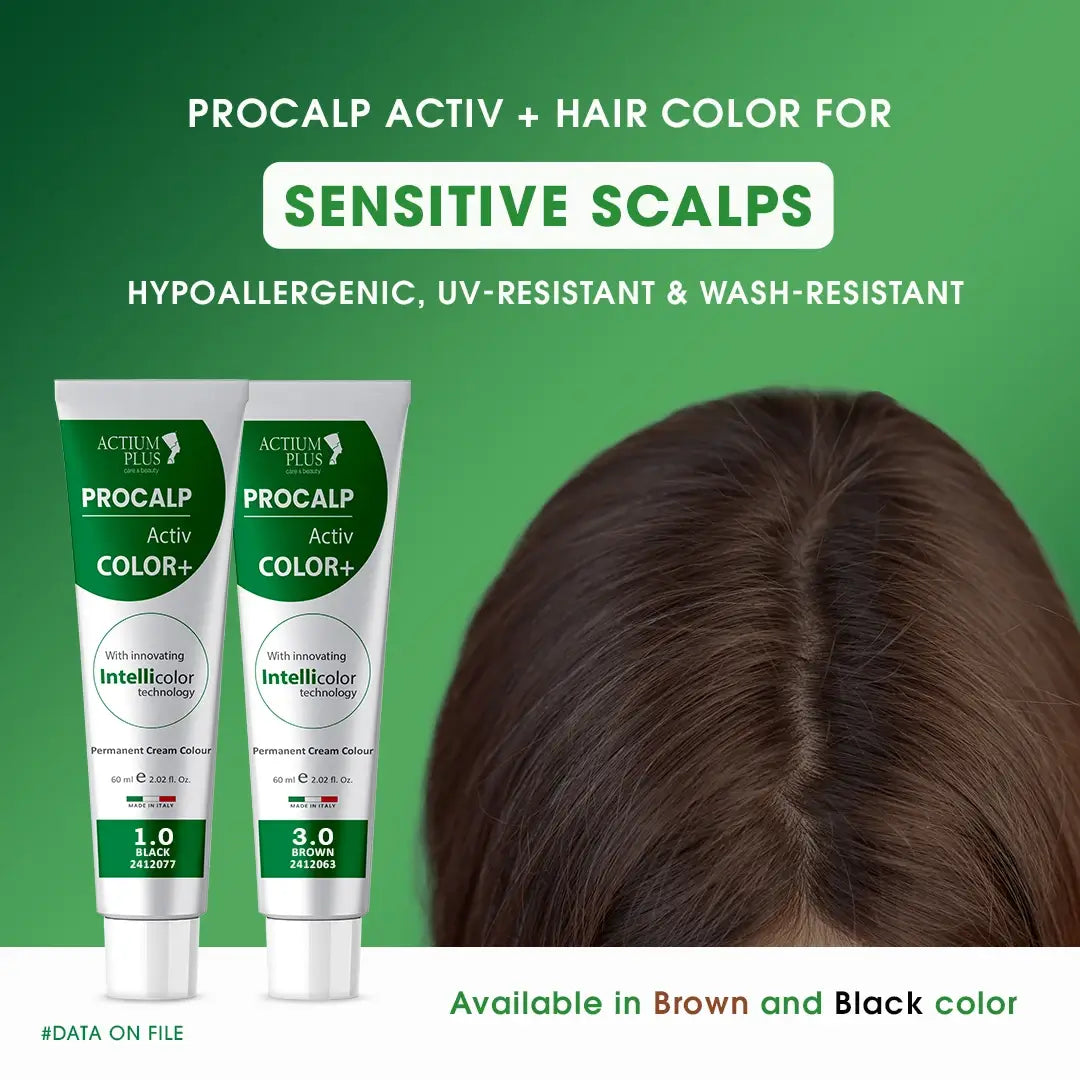Two Procalp Activ hair color tubes with a person's head showing brown hair on a green background.