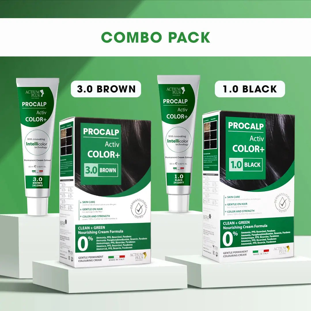 Actium Plus PROCALP Activ Color+ (Black1.0 + Brown3.0) Black & Brown Fusion Duo | Long-lasting Permanent Hair Color | For Men & Women | 60ml X 2