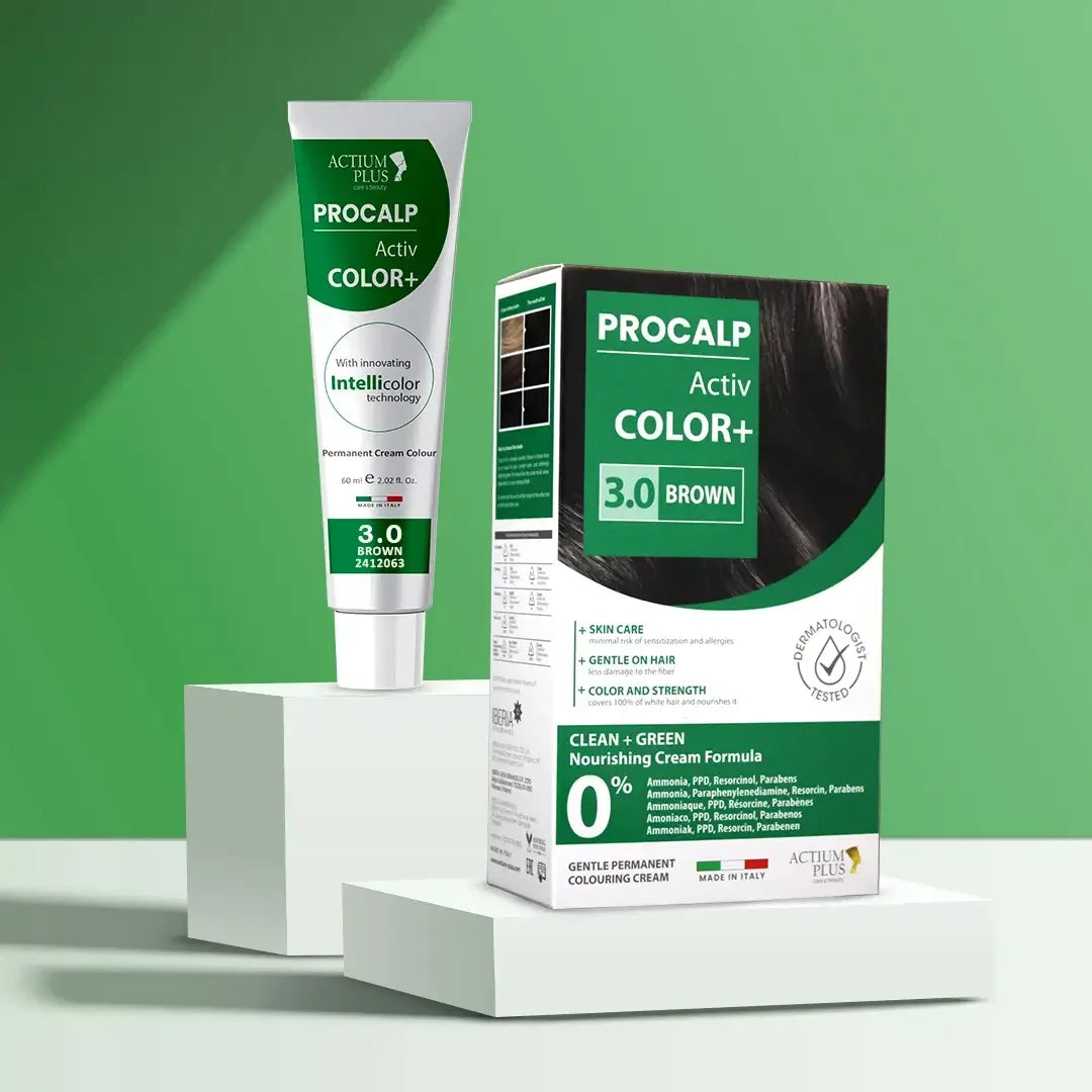 Unboxed view of Procalp Activ Colour Clean Green 3.0 Brown Kit contents