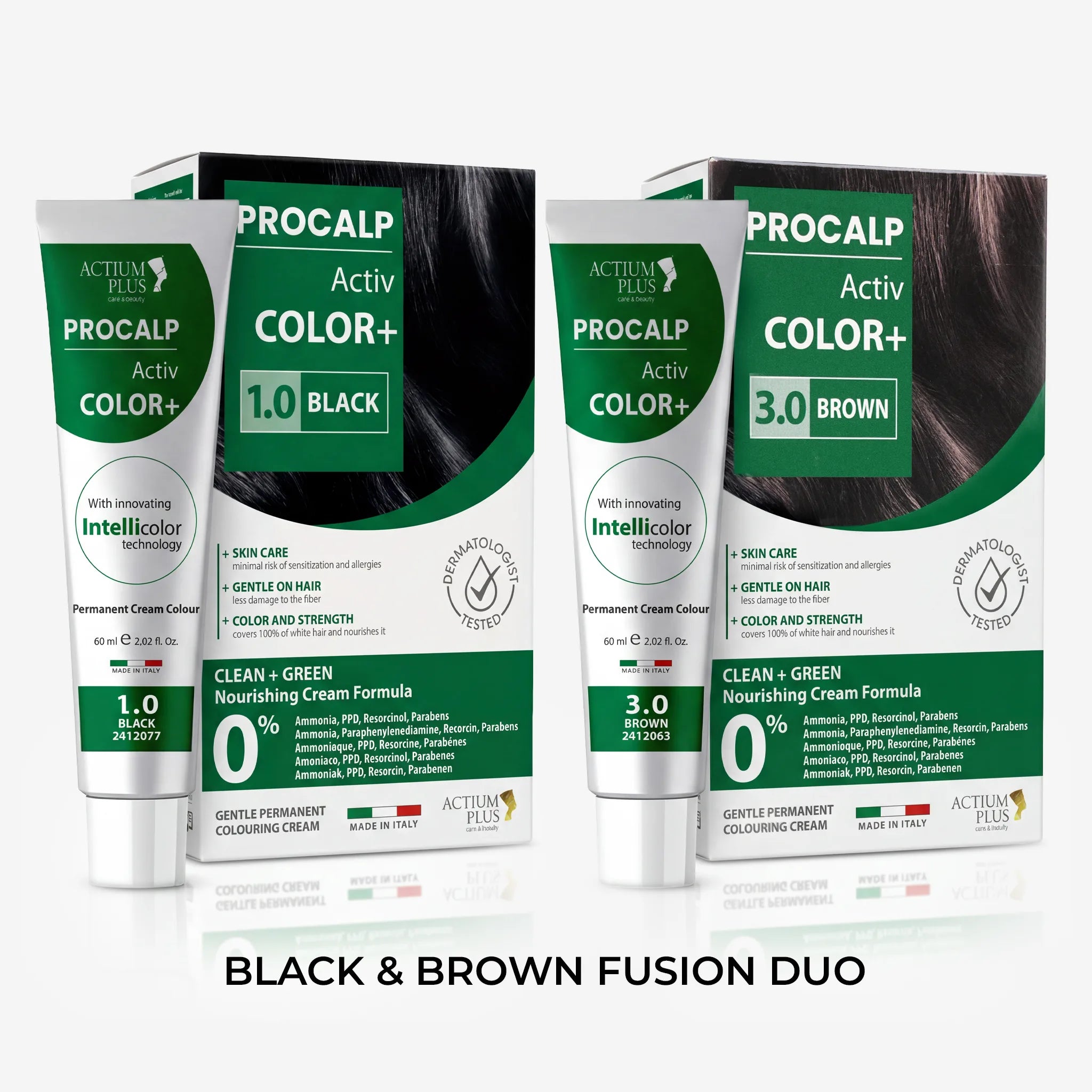 Actium Plus PROCALP Activ Color+ (Black1.0 + Brown3.0) Black & Brown Fusion Duo | Long-lasting Permanent Hair Color | For Men & Women | 60ml X 2