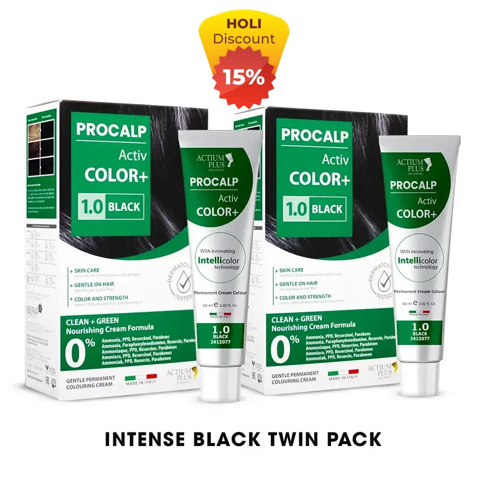 Actium Plus PROCALP Activ Color+ | (Black 1.0 + Black 1.0) Intense Black Twin Pack | Long-lasting Permanent Hair Color | Dermatologist-tested | For Men/ Women | 60ml X 2