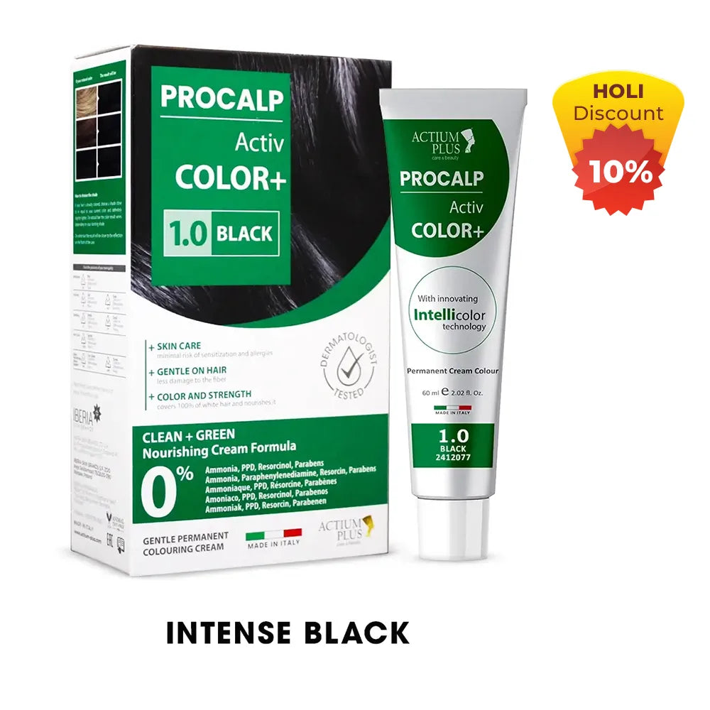 Actium Plus PROCALP Activ Color+ | (1.0-Black) |Permanent Hair Color| Dermatologist-tested Hair Color For Sensitive Scalp