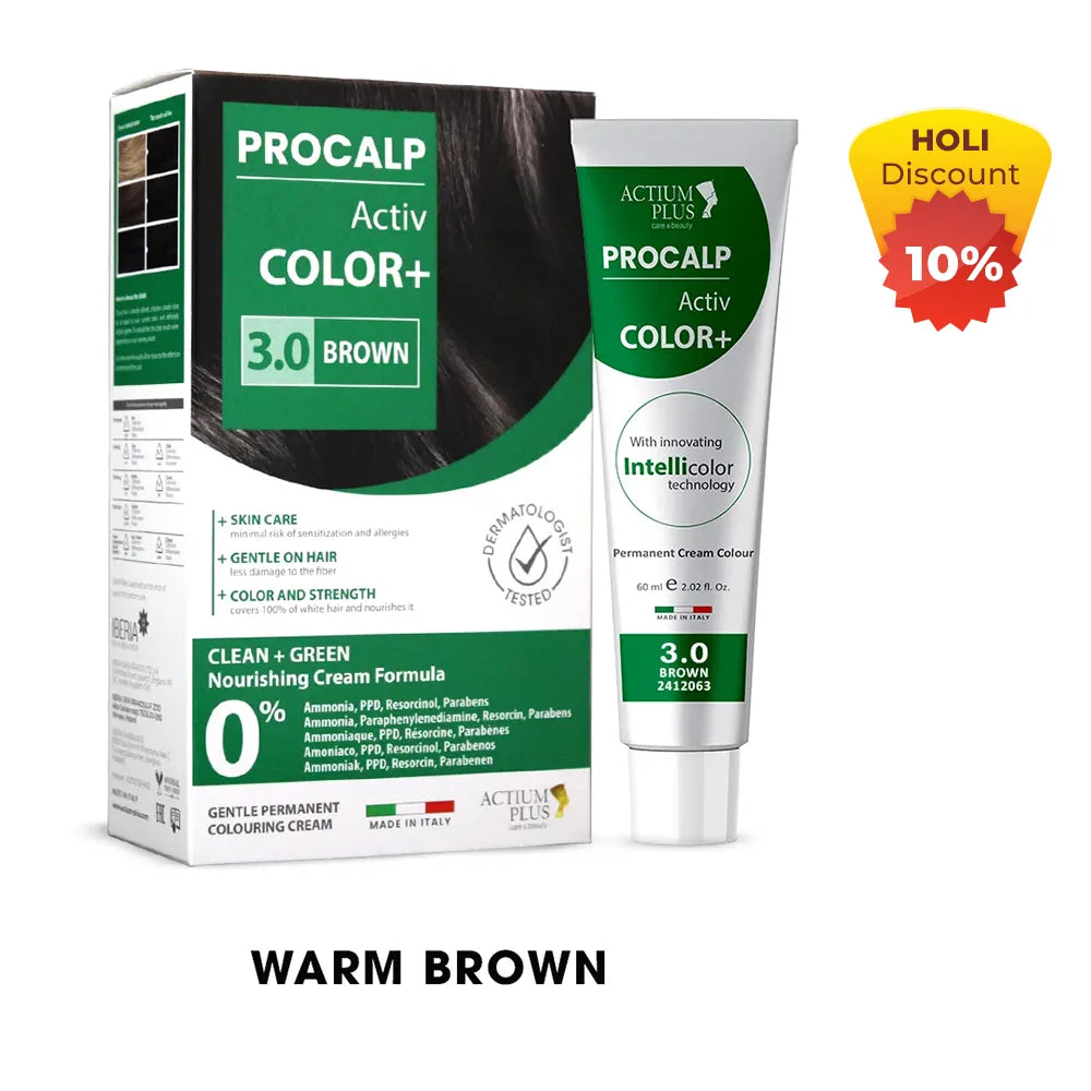Actium Plus PROCALP Activ Color+ | (3.0-BROWN) | Long-lasting Permanent Hair Color | Dermatologist-tested | For Men/ Women | 60ml
