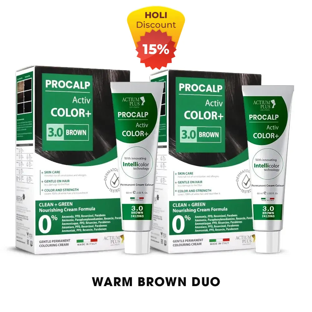 Actium Plus PROCALP Activ Color+ | (Brown 3.0 + Brown 3.0) Warm Brown Duo | Long-lasting Permanent Hair Color | Dermatologist-tested | For Men/ Women | 60ml X 2