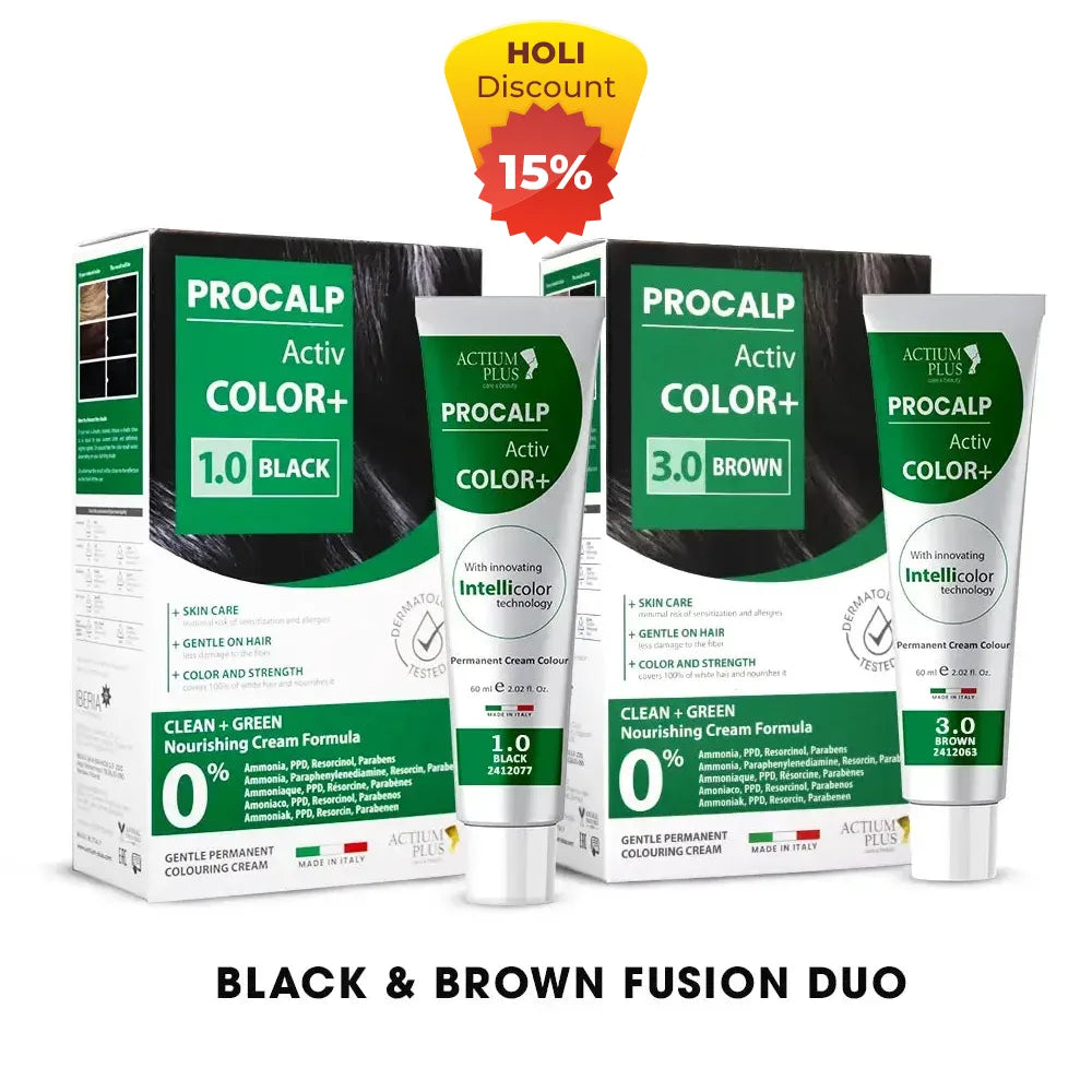 Actium Plus PROCALP Activ Color+ (Black1.0 + Brown3.0) Black & Brown Fusion Duo | Long-lasting Permanent Hair Color | For Men & Women | 60ml X 2
