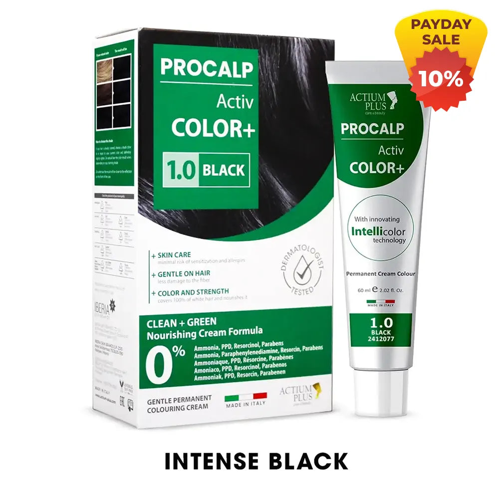 Actium Plus PROCALP Activ Color+ | (1.0-Black) |Permanent Hair Color| Dermatologist-tested Hair Color For Sensitive Scalp