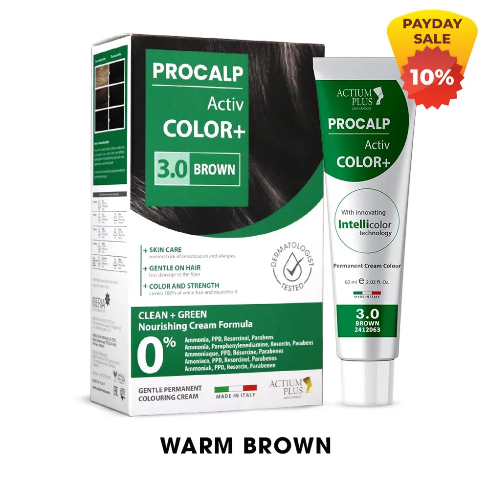 Actium Plus PROCALP Activ Color+ | (3.0-BROWN) | Long-lasting Permanent Hair Color | Dermatologist-tested | For Men/ Women | 60ml