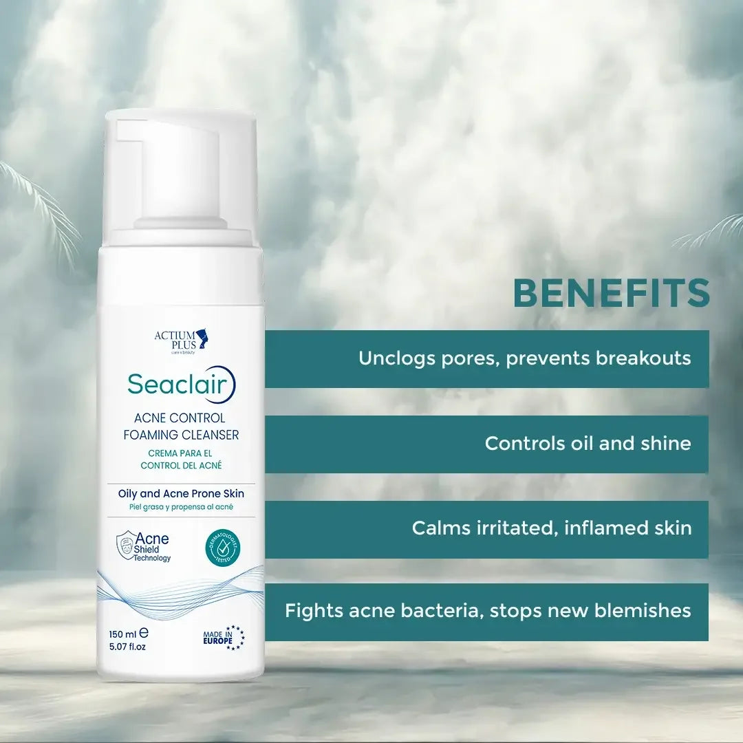 Back packaging of Seaclair Acne Control Foaming Cleanser showing key ingredients and usage instructions