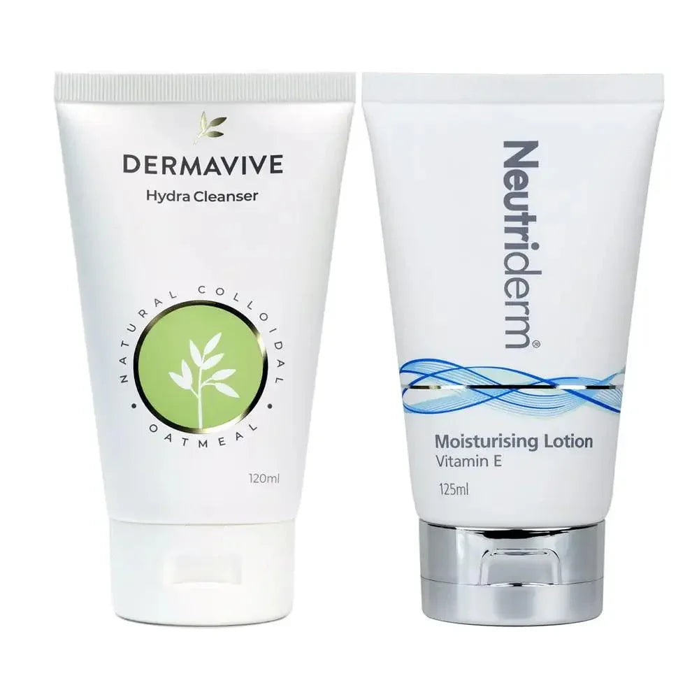 Two skincare products from Dermavive and Neutriderm on a white background