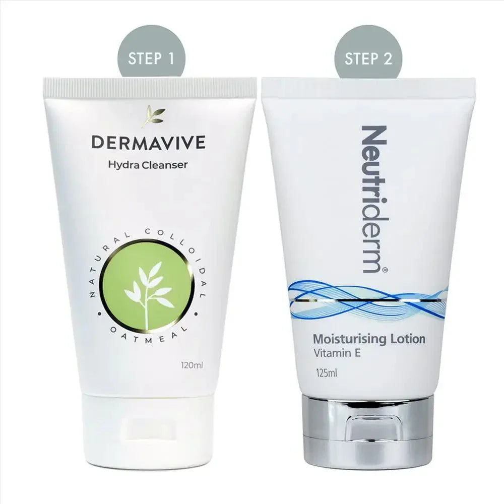 Two skincare products from Dermavive and Neutriderm on a white background