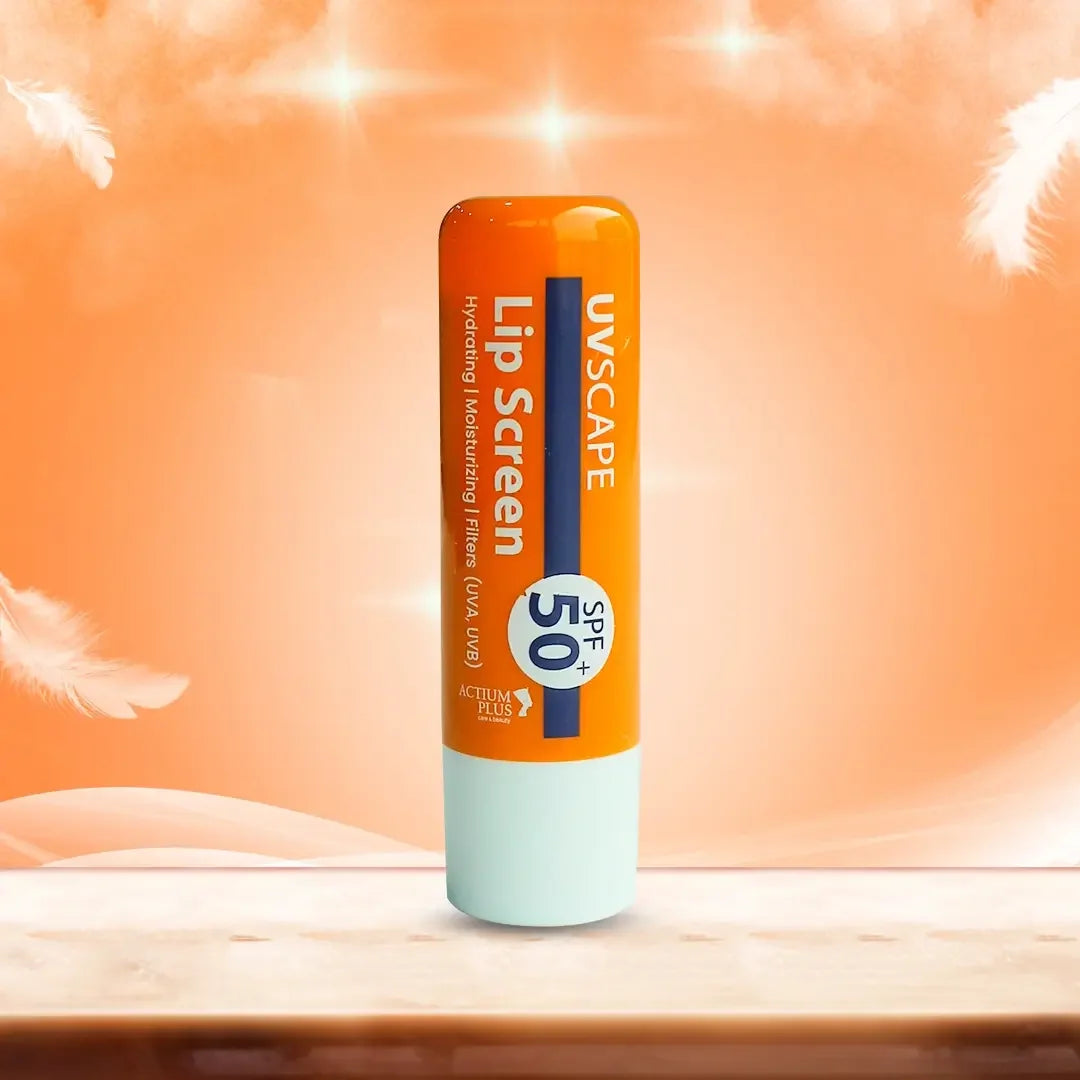 Uvscape Lip Screen Spf 50+ On A Wooden Surface With An Orange Background