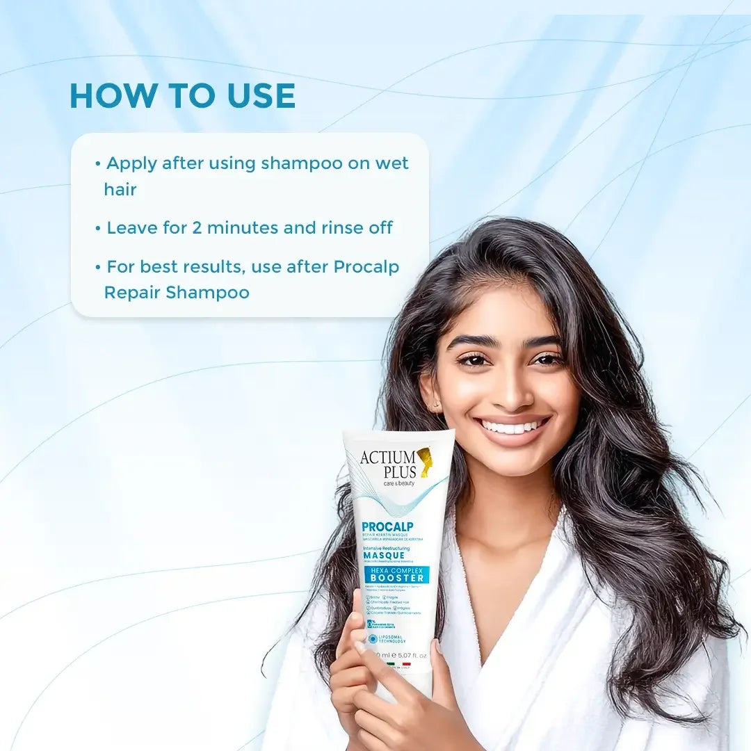 Woman Holding Actium Plus Procalp Hair Mask With Usage Instructions On A Blue Background
