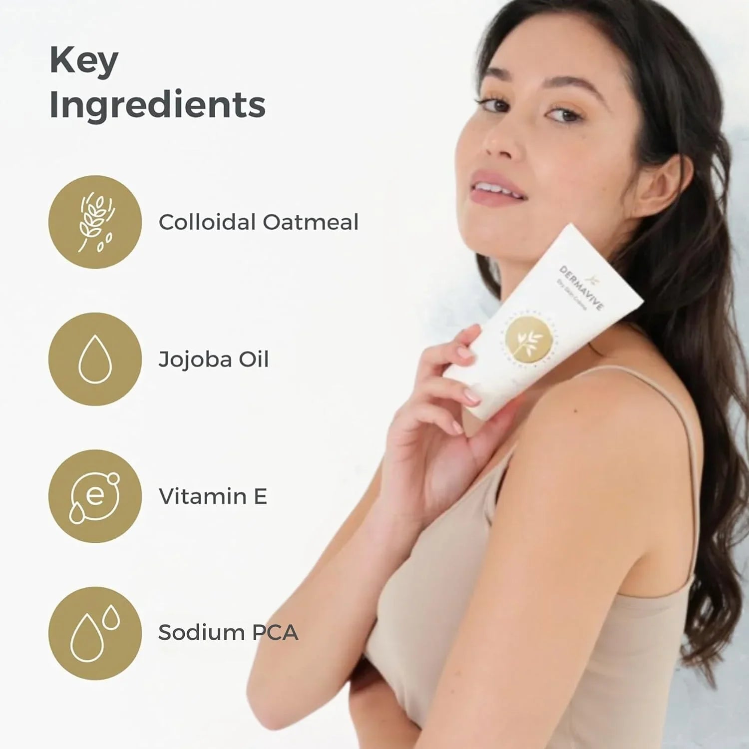 Woman holding a skincare product with key ingredients listed on a white background