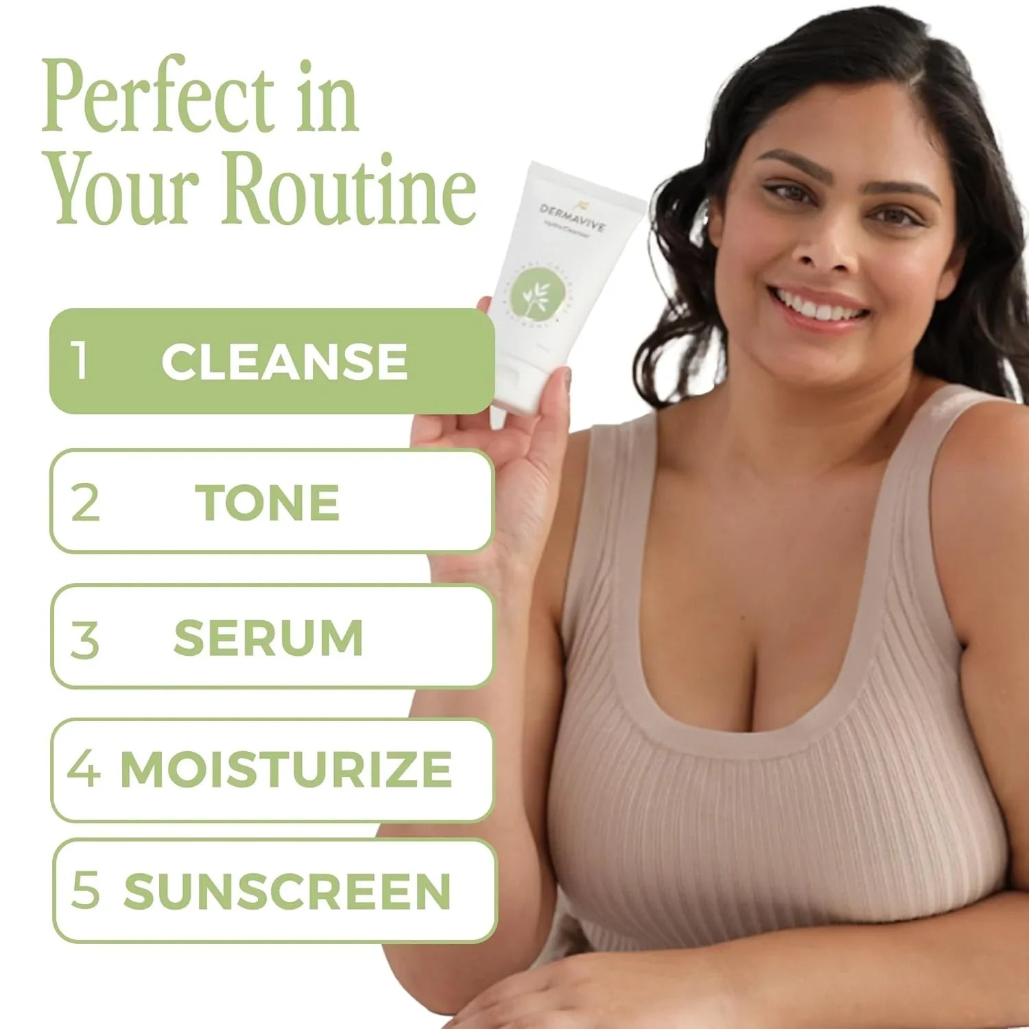 Woman holding a skincare product with steps for a skincare routine.