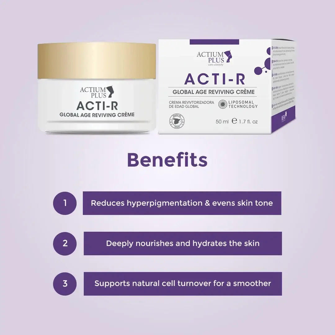Key ingredients of Actium Plus Acti-R Global Crème for firm, rejuvenated, and glowing skin.
