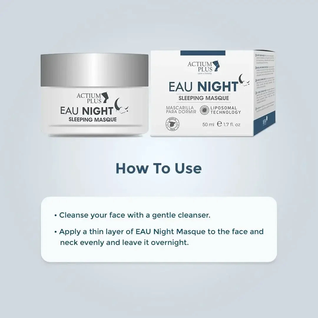 Premium packaging of Actium Plus Eau Night Sleeping Masque – rejuvenating night skincare masque