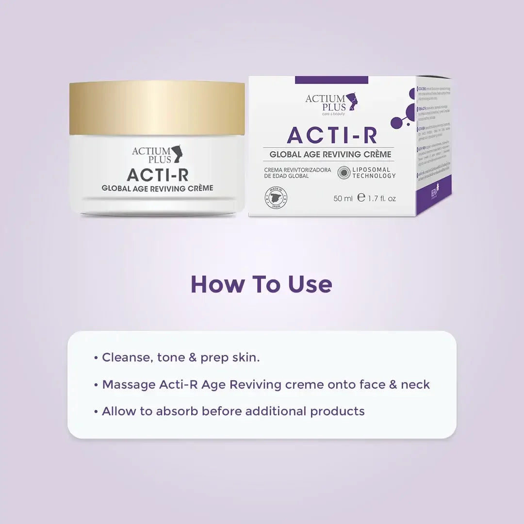 Side view of Actium Plus Global Age Reviving Crème elegant packaging – advanced skincare formula.