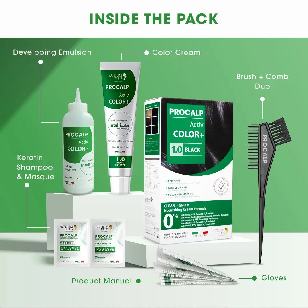 Model with hair colored using Actium Plus PROCALP Activ Color+ 1.0 Black