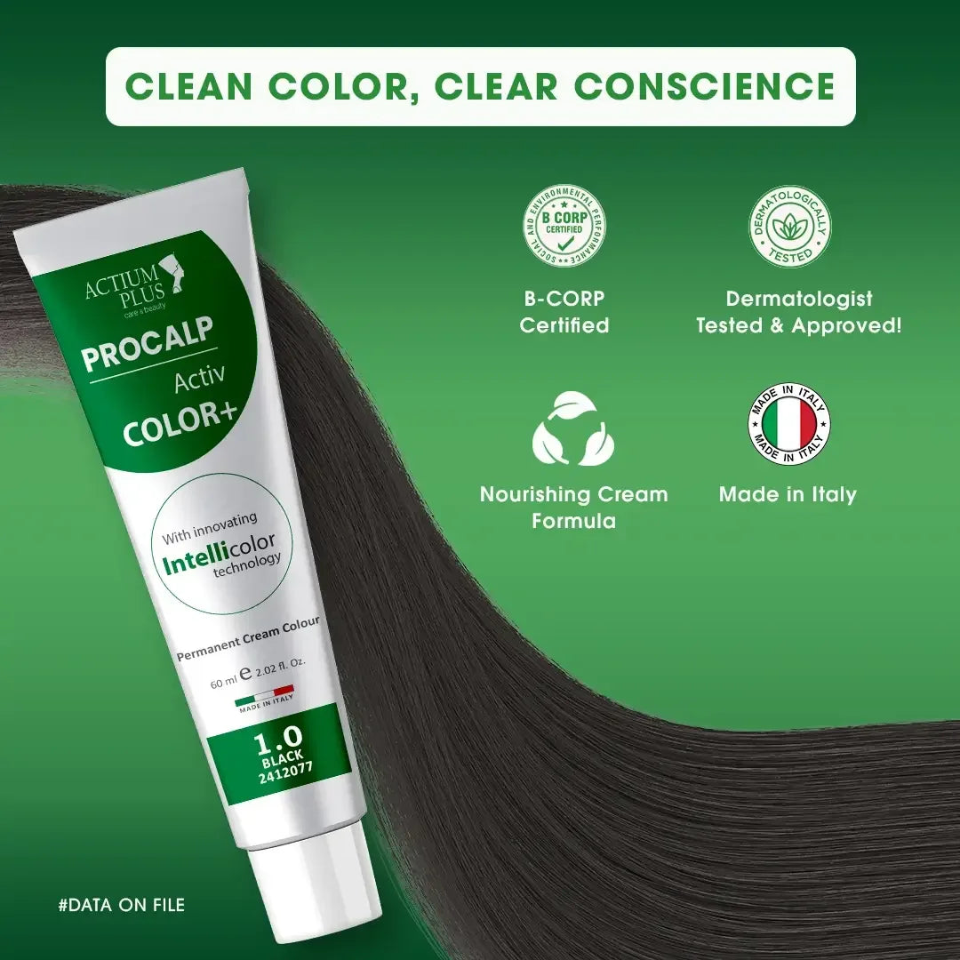 Hair shine effect after using Actium Plus PROCALP Activ Color+ 1.0 Black