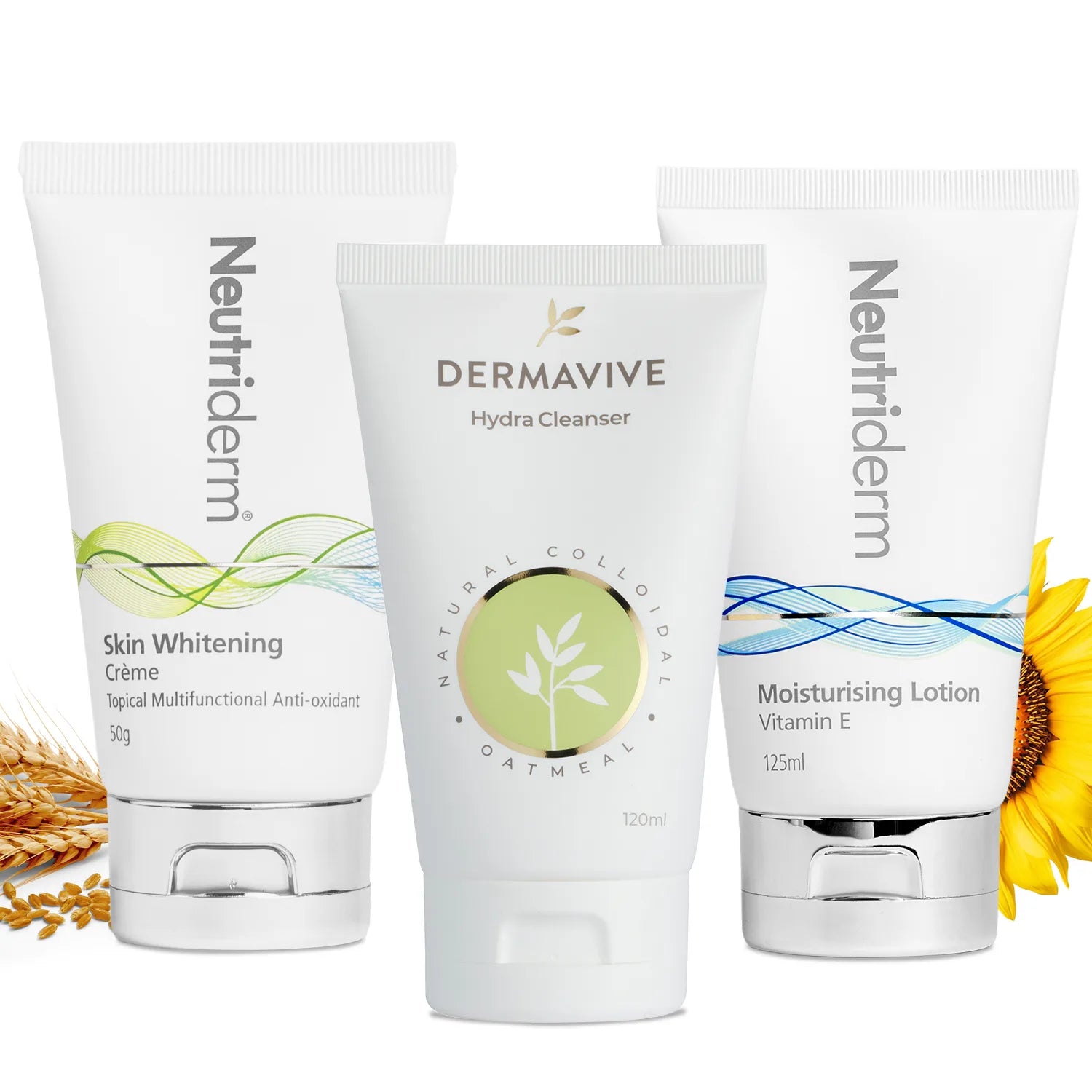 Neutriderm Skincare Combo – Vitamin E Moisturiser 125ml, Hydra Cleanser 120ml & Whitening Cream 50ml for Uneven Tone, Hydration & Nourishment (3-Piece Set)