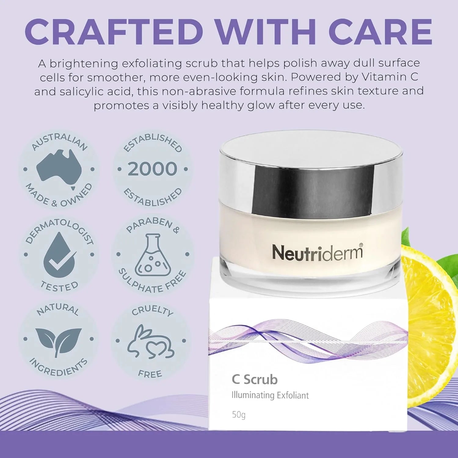 Neutriderm C Scrub - Vitamin C Facial Exfoliator, Gentle Anti-Aging Scrub for Skin Discoloration, Deep Pore Cleanser, Natural Australian Skincare, Suitable for All Skin Types 50gm