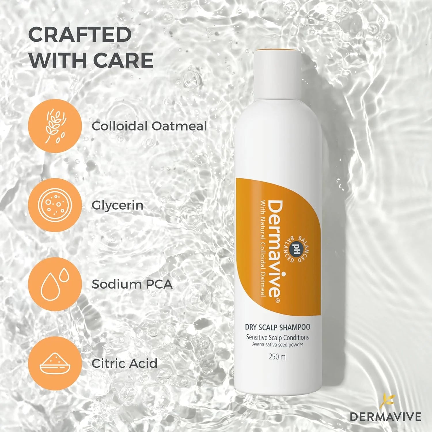 Dermavive Dry Scalp Shampoo, Dandruff Control, Hydrating and Moisturizing Shampoo for Dry Sensitive Scalp, 250ml